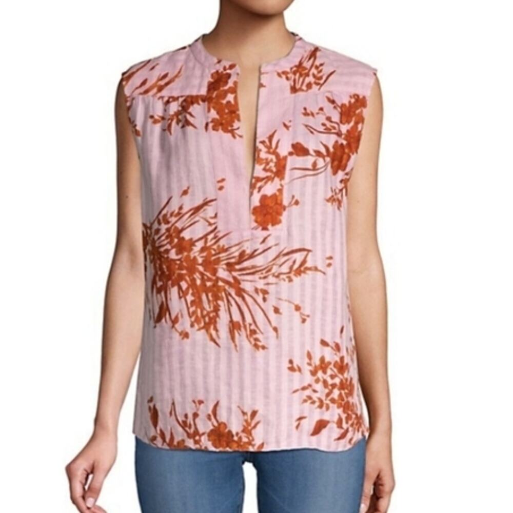Joie Women Linen Top Blouse S Pink Brown Floral Boho Career Casual Breezy NEW